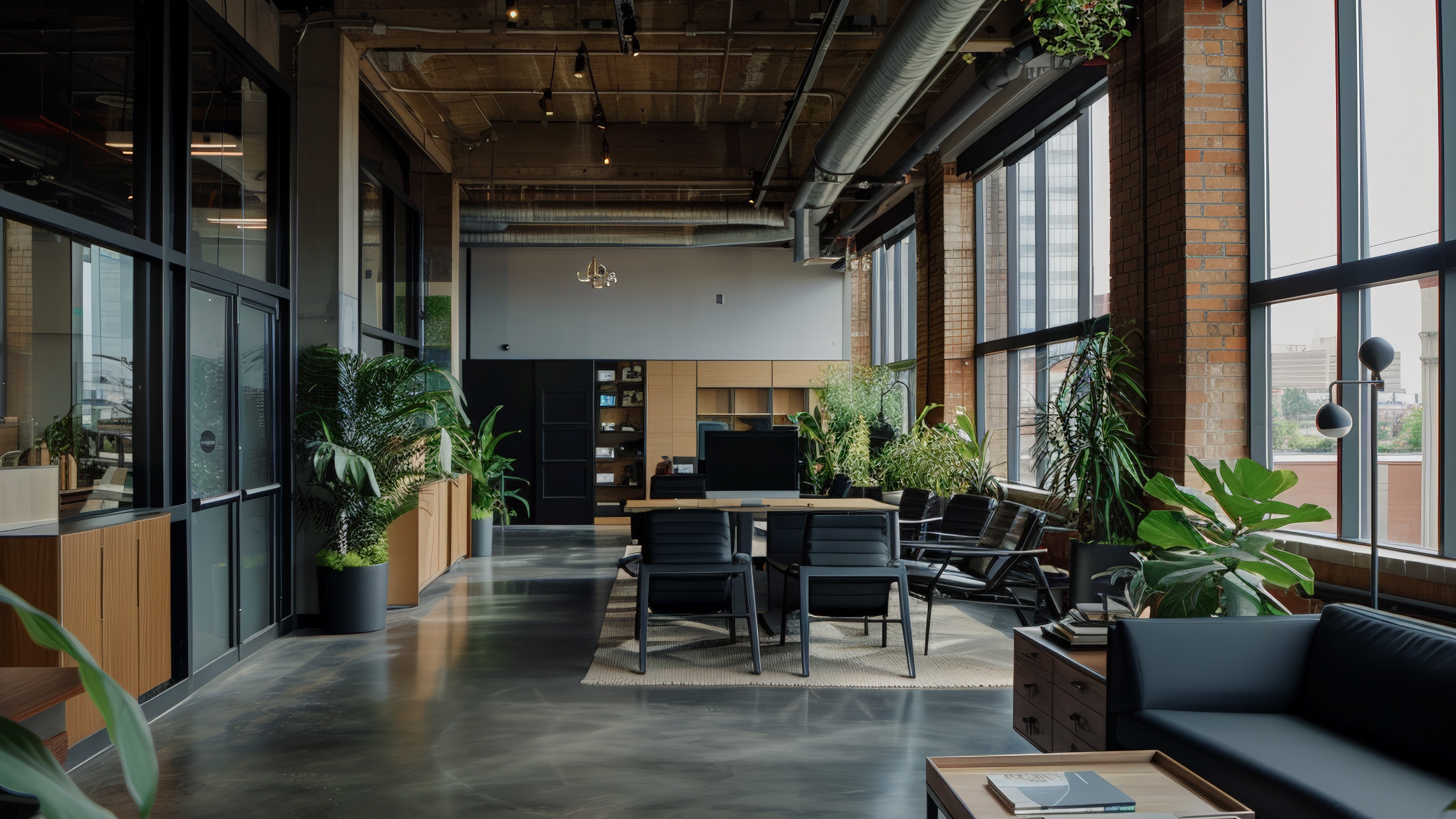 Bright and modern workspace showcasing expansive windows, lush plants, open areas, and comfortable seating for productivity and style.